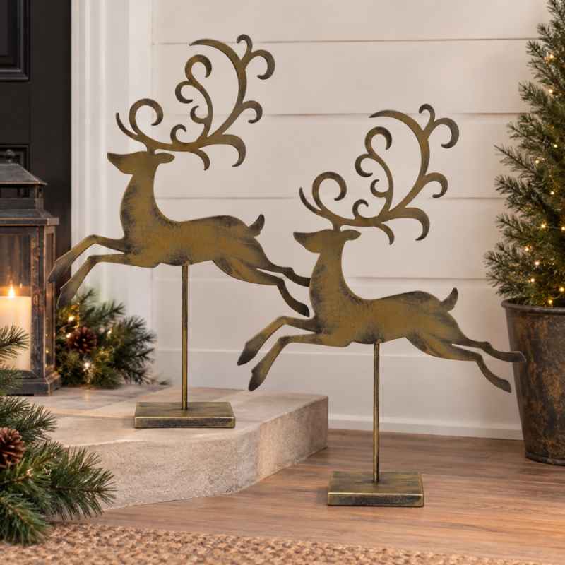 29" Rustic Metal Reindeer on Stand- Set of 2