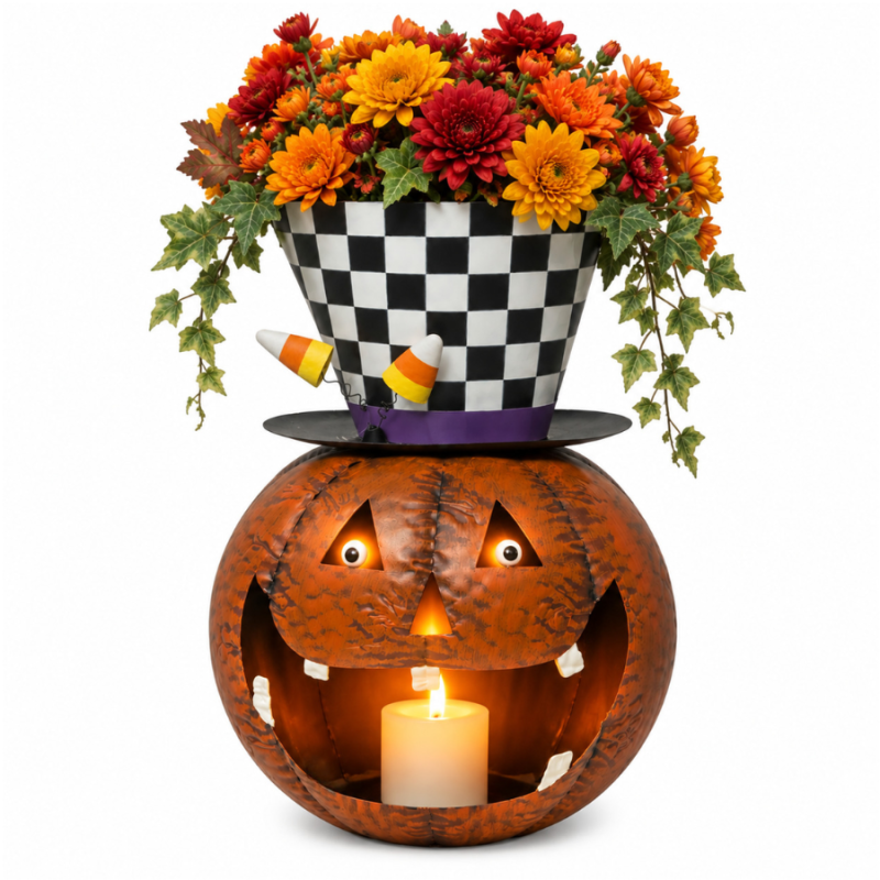 28" Metal Crazy Halloween Pumpkin w/ Planter Hat