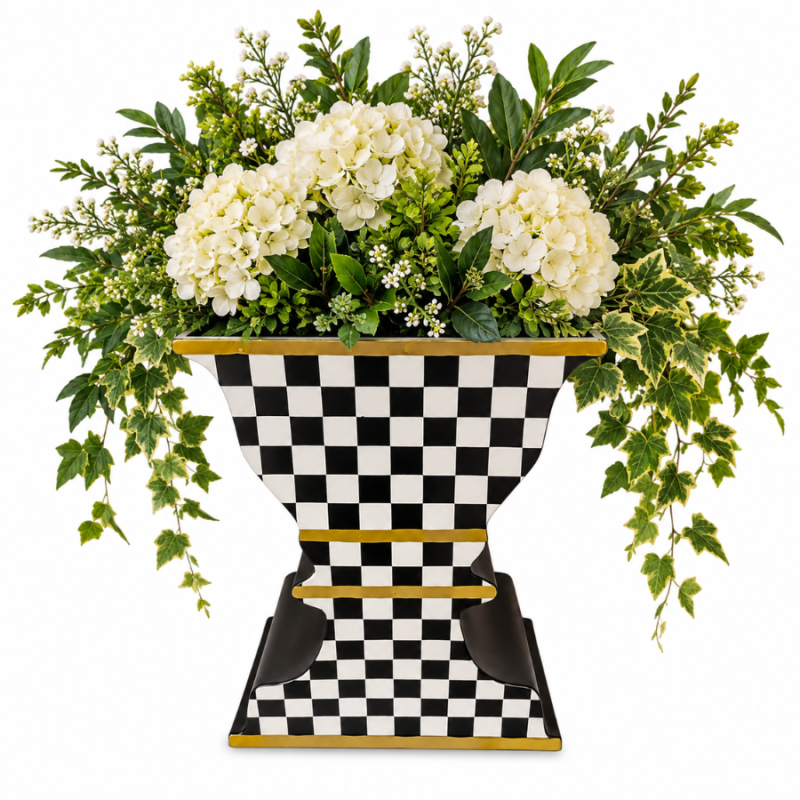 24" Black & White Metal Checkered Planter