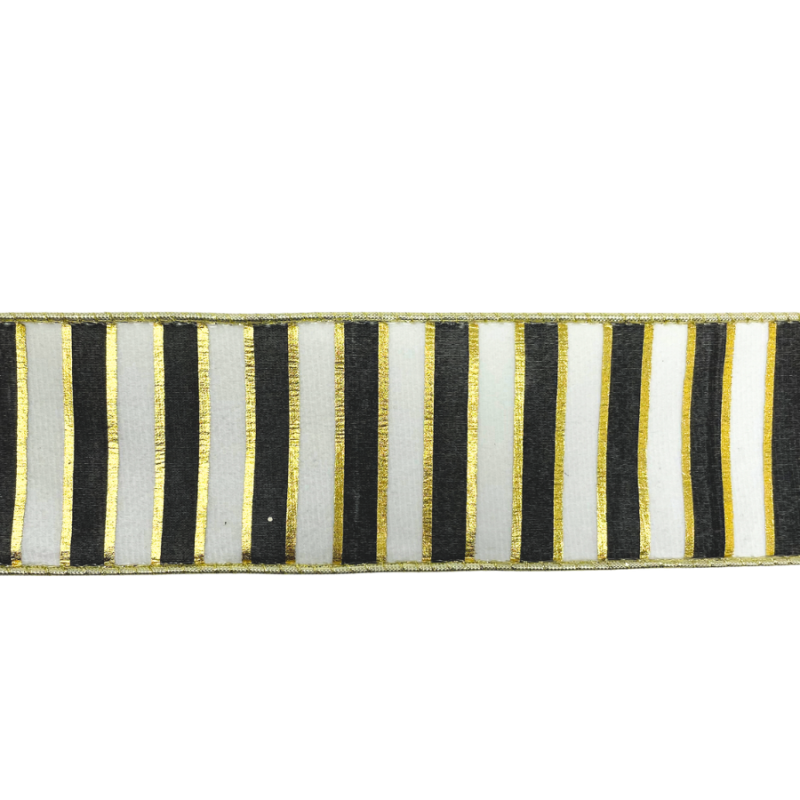 2.5" x 10yd Black, White & Gold Stripe Ribbon