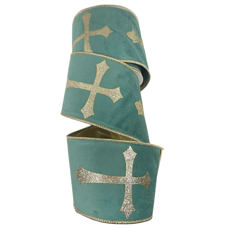 4" x 10yd Light Blue Velvet Ribbon w/ Glitter Cross Design