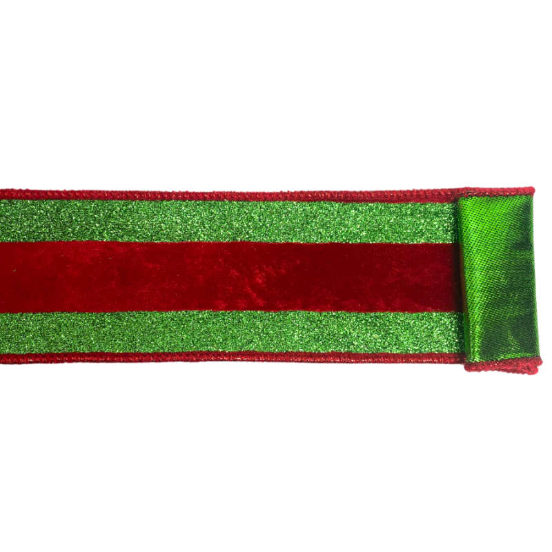2.5" x 10yd Red Velvet w/ Green Glitter Stripes Ribbon