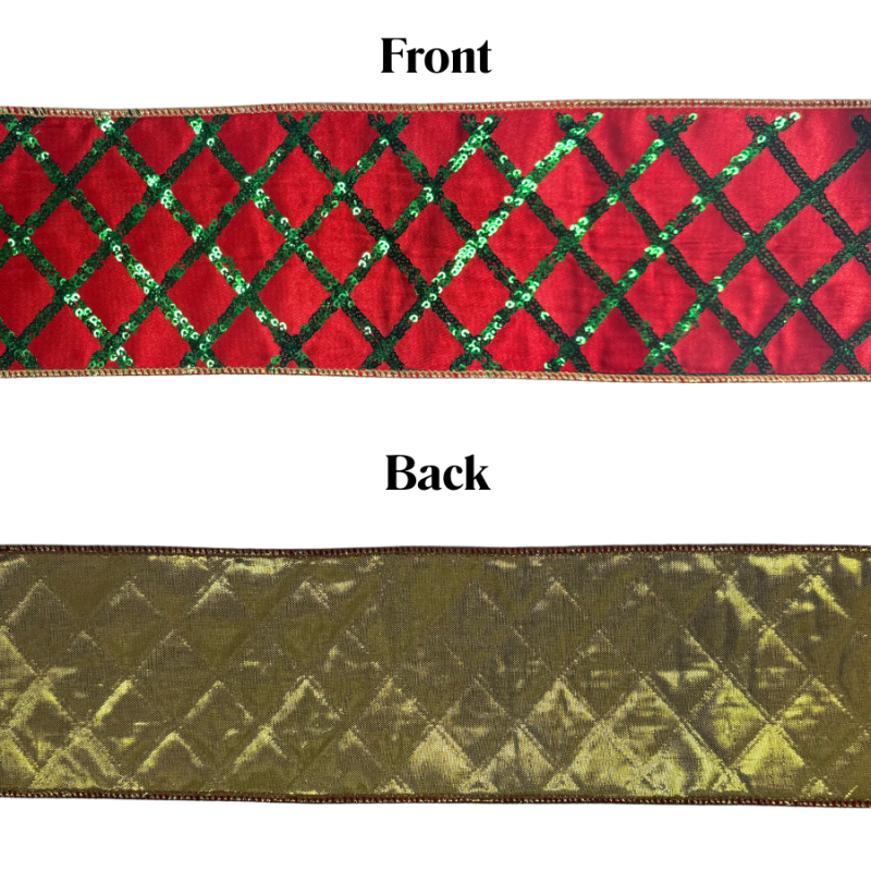 4" x10yd Green Sequin Latice on Red Satin Ribbon