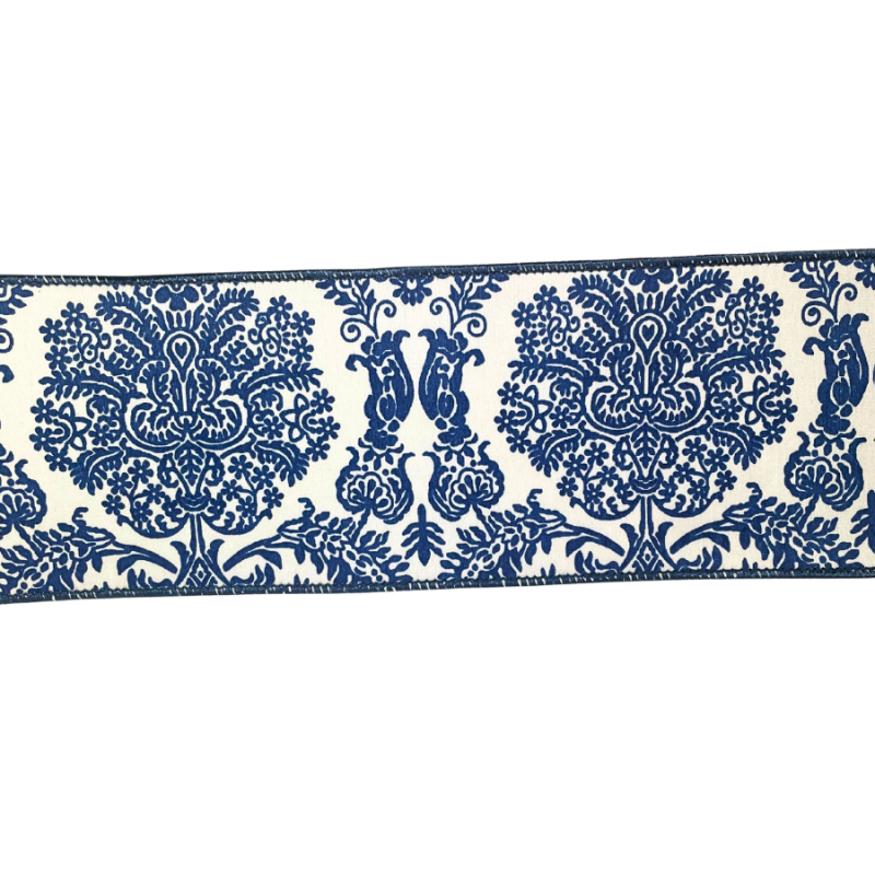 4" 10yd Blue Print on White Dupioni Ribbon