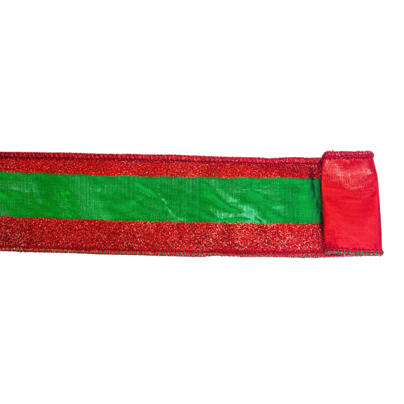 2.5" x 10yd Glitter Red w/ Green Stripe Ribbon
