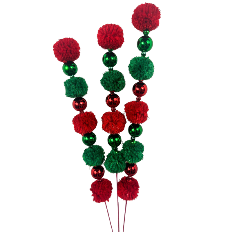 28" Pom-Pom Ornament Spray - Red & Green