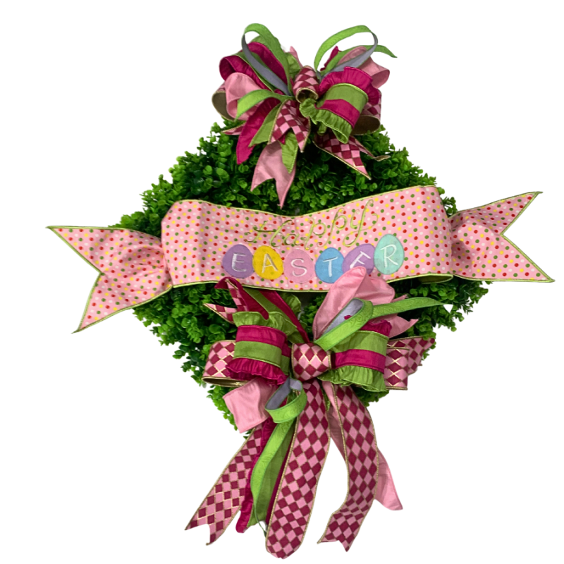39" Boxwood Wreath w/ Polka Dot Easter Banner