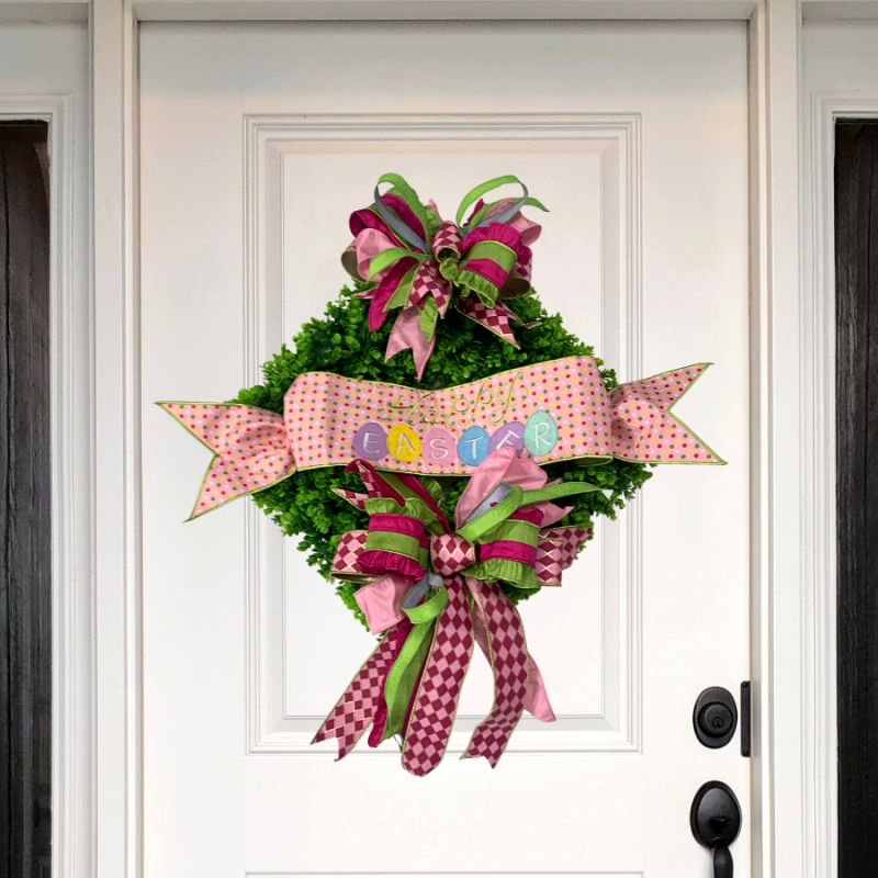 39" Boxwood Wreath w/ Polka Dot Easter Banner