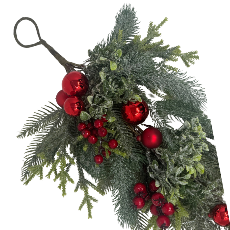 28" Frosted Greenery w/ Berries and Ornaments Teardrop