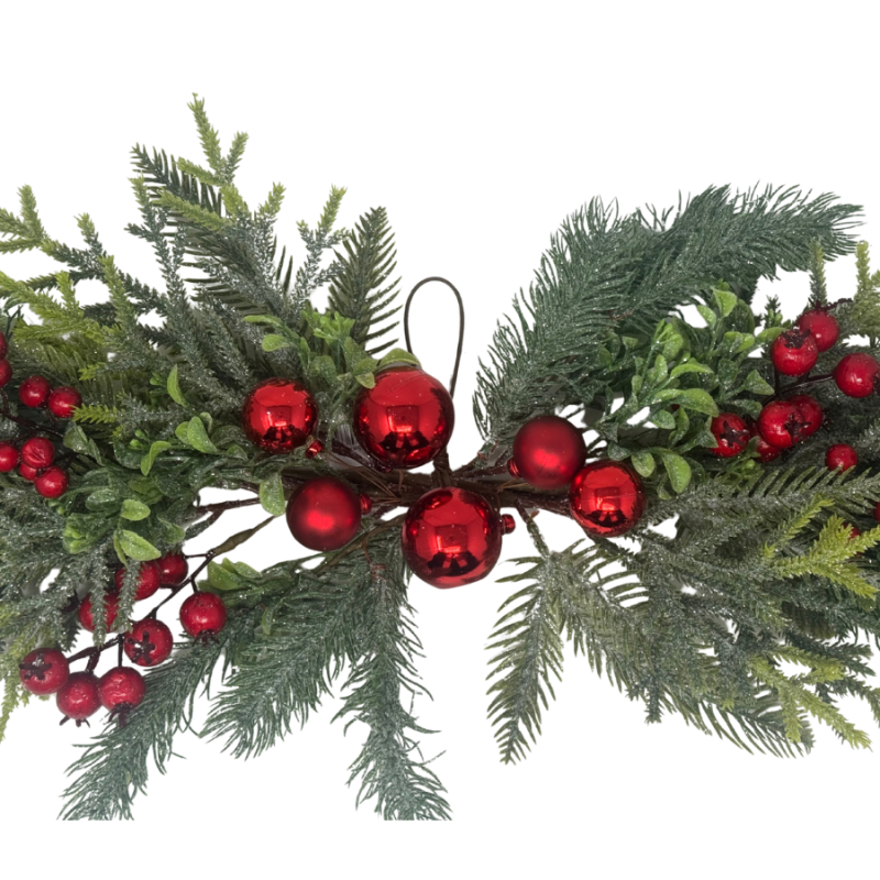 29" Frosted Greenery w/ Berries and Ornaments Swag