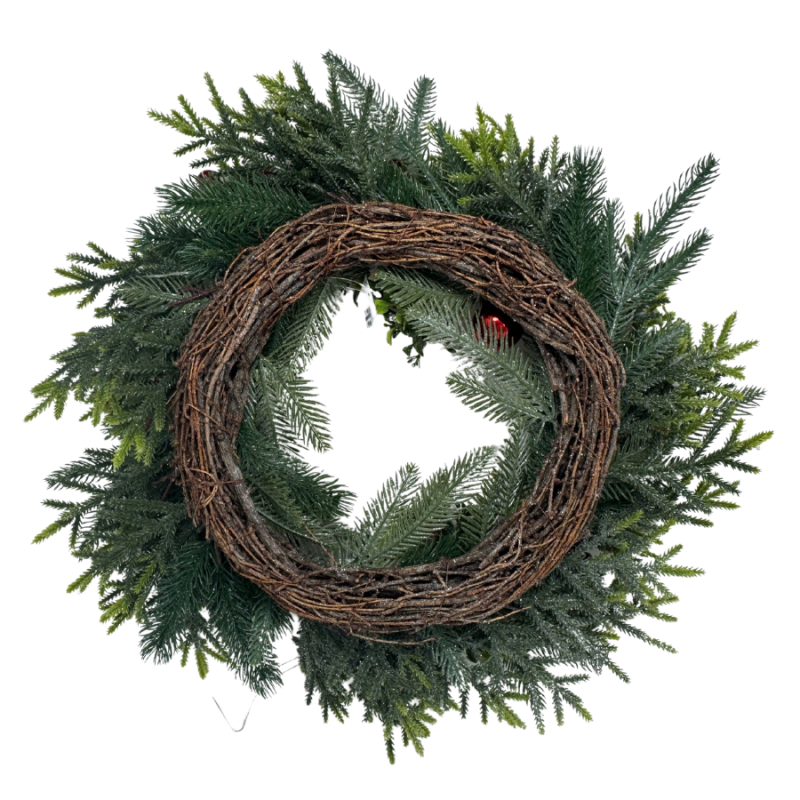 18" Frosted Greenery w/ Berries and Ornaments Wreath
