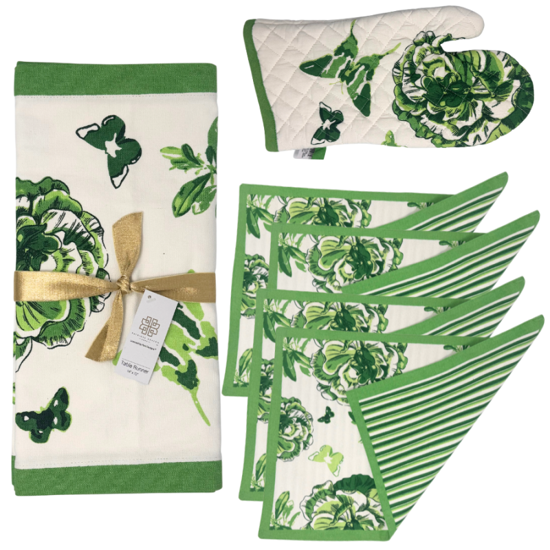 6 pc Green Florals & Flitters Themed Kitchen Linen Set