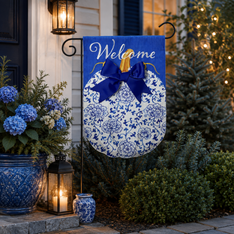 Blue Chinoiserie Pumpkin Burlap Garden Flag