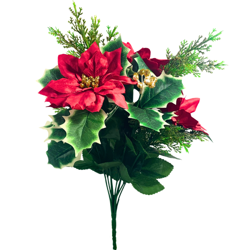 17" Mixed Poinsettia and Greenery Glitter Bush