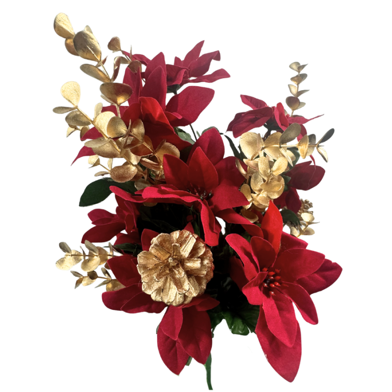 18" Poinsettia & Gold Eucalyptus Mixed Bush