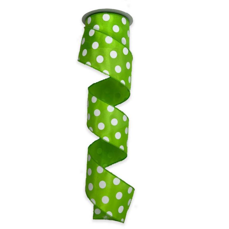 2.5" x 10yd Lime w/White Polka Dot Satin Ribbon