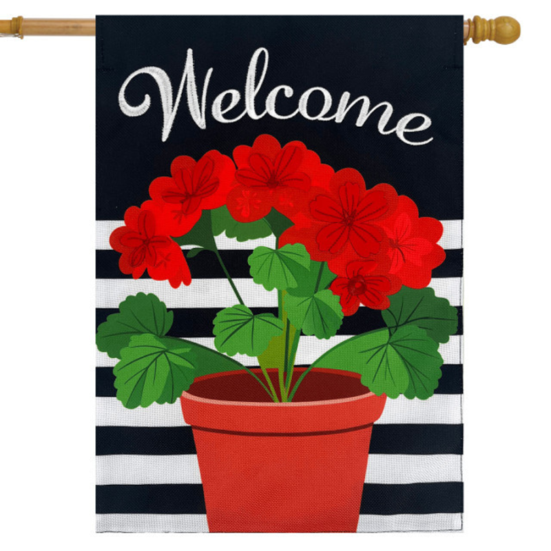 Potted Red Geraniums Burlap House Flag