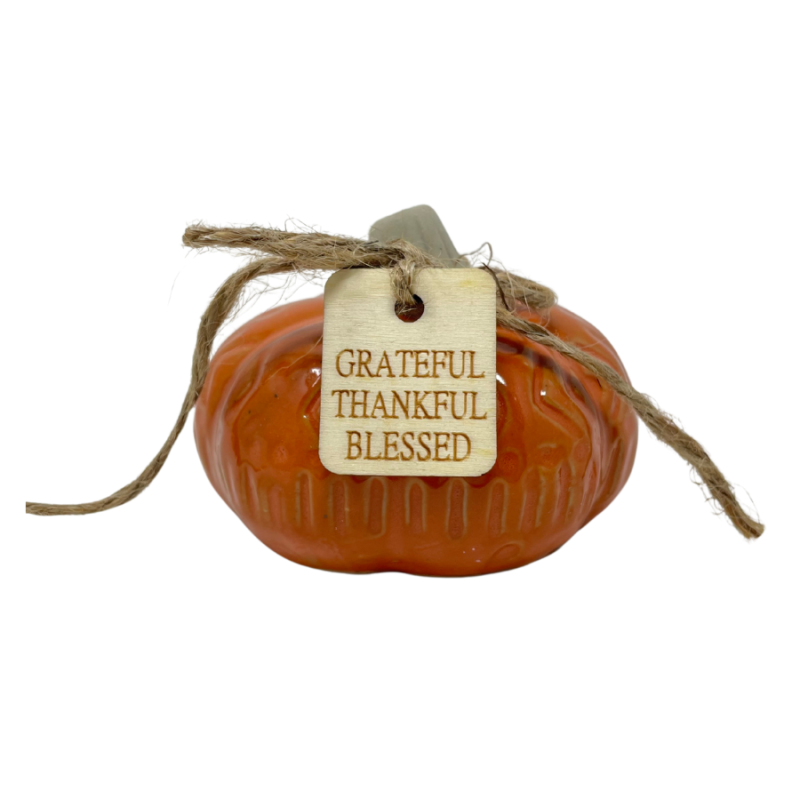 3" Ceramic Rustic Pumpkin w/ Tag - Grateful, Thankful, Blessed