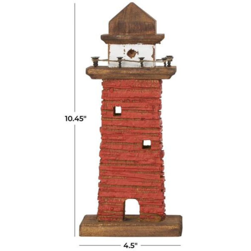 11" Red Distressed Wood Light House Sculpture
