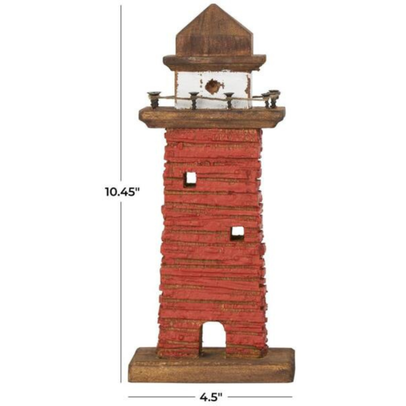 Red Distressed Wood Light House Sculpture