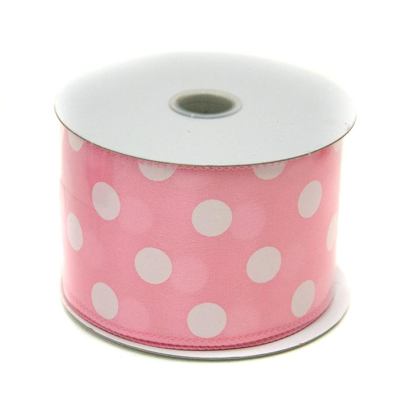 2.5" x 10yd Pink w/White Polka Dot Satin Ribbon