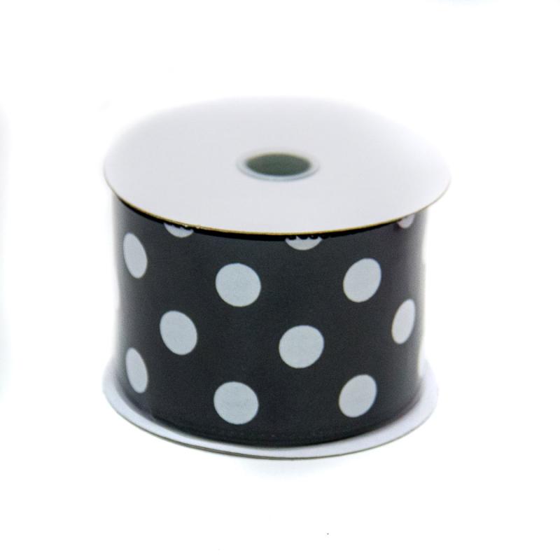 2.5" x 10yd Black w/White Polka Dot Satin Ribbon