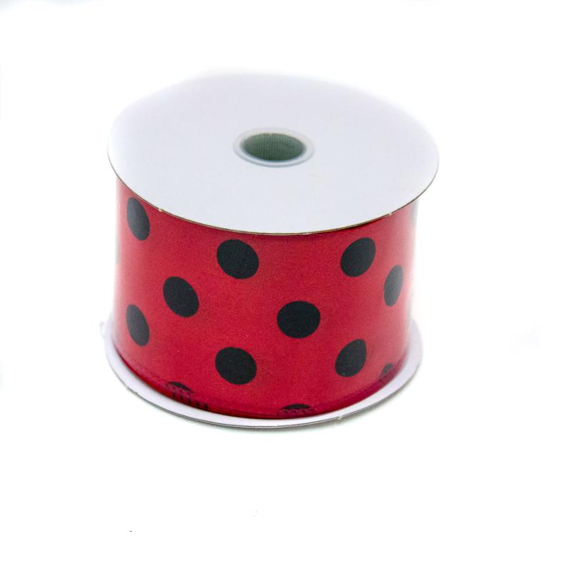 2.5" x 10yd Red w/Black Polka Dot Satin Ribbon