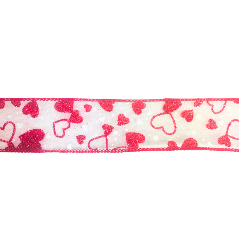 1.5" x 10yd Red Glitter Hearts on Sheer Ribbon