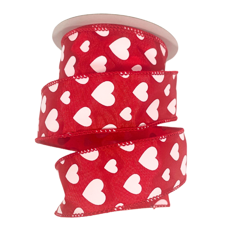 1.5" x 10yd White Hearts on Red Wired Ribbon