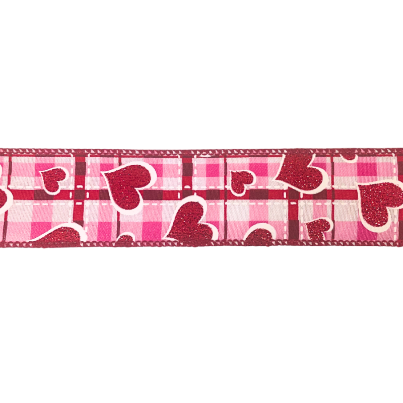 1.5" x 10yd Valentine Gingham Glitter Heart Ribbon