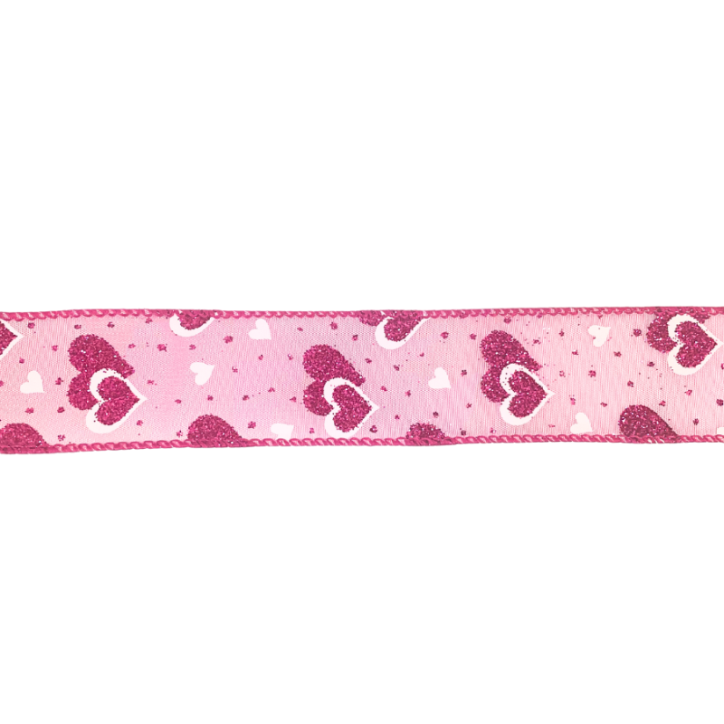 1.5" x 10yd White & Hot Pink Glitter Hearts on Pink Ribbon