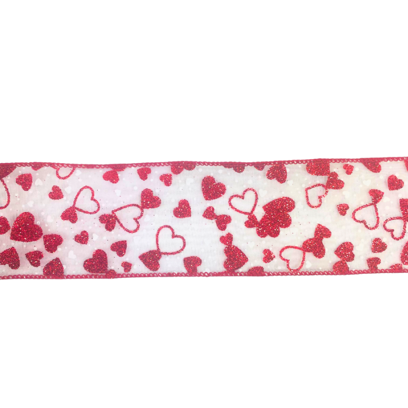 2.5" x 10yd Red Glitter Hearts on Sheer Ribbon