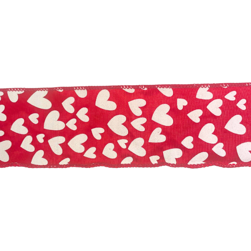 2.5" x 10yd White Glitter Hearts on Red Wired Ribbon