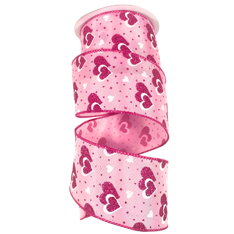 2.5" x 10yd White & Hot Pink Glitter Hearts on Pink Ribbon