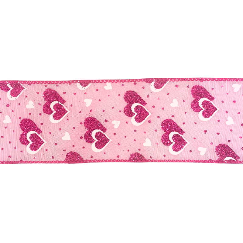 2.5" x 10yd White & Hot Pink Glitter Hearts on Pink Ribbon