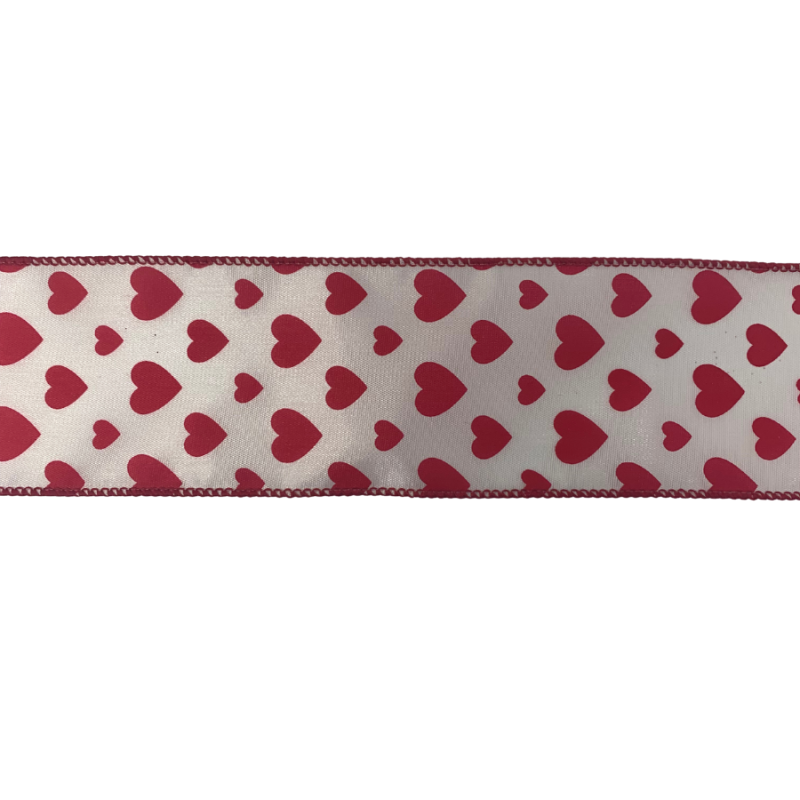2.5" x 10yd White with Red Hearts Ribbon