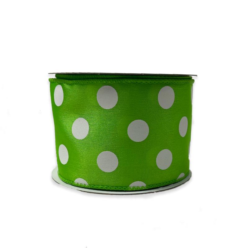 2.5" x 10yd Lime w/White Polka Dot Satin Ribbon