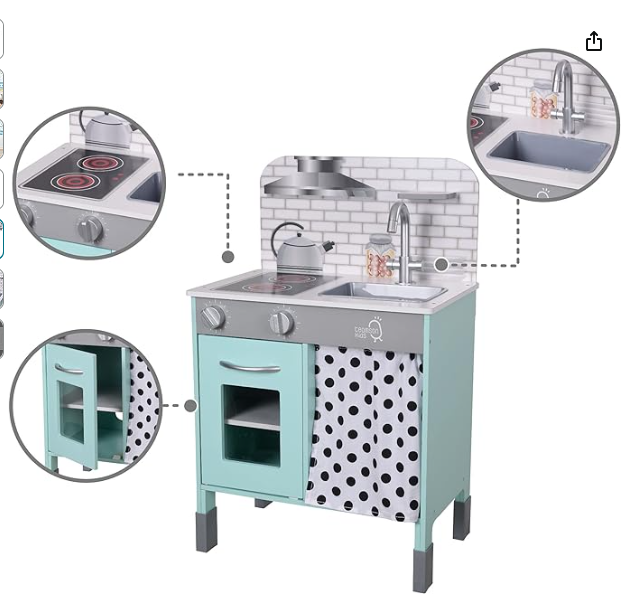 KIDS LITTLE CHEF PHILLY MODERN WOODEN KITCHEN PLAYSET, MINT/WHITE