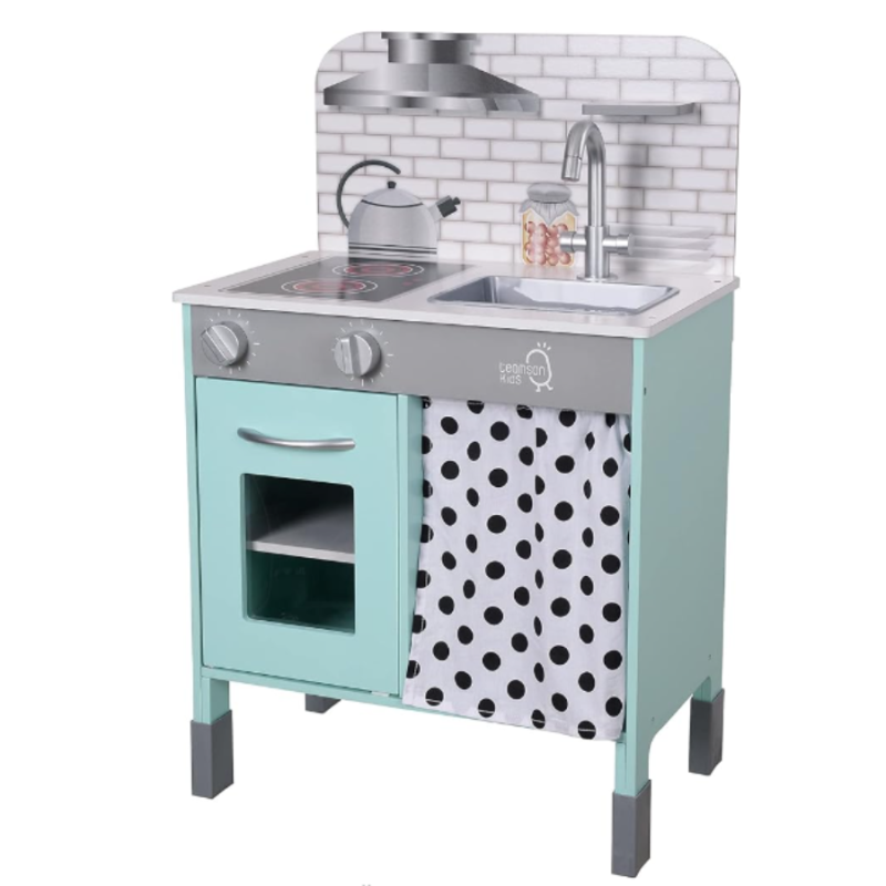 KIDS LITTLE CHEF PHILLY MODERN WOODEN KITCHEN PLAYSET, MINT/WHITE