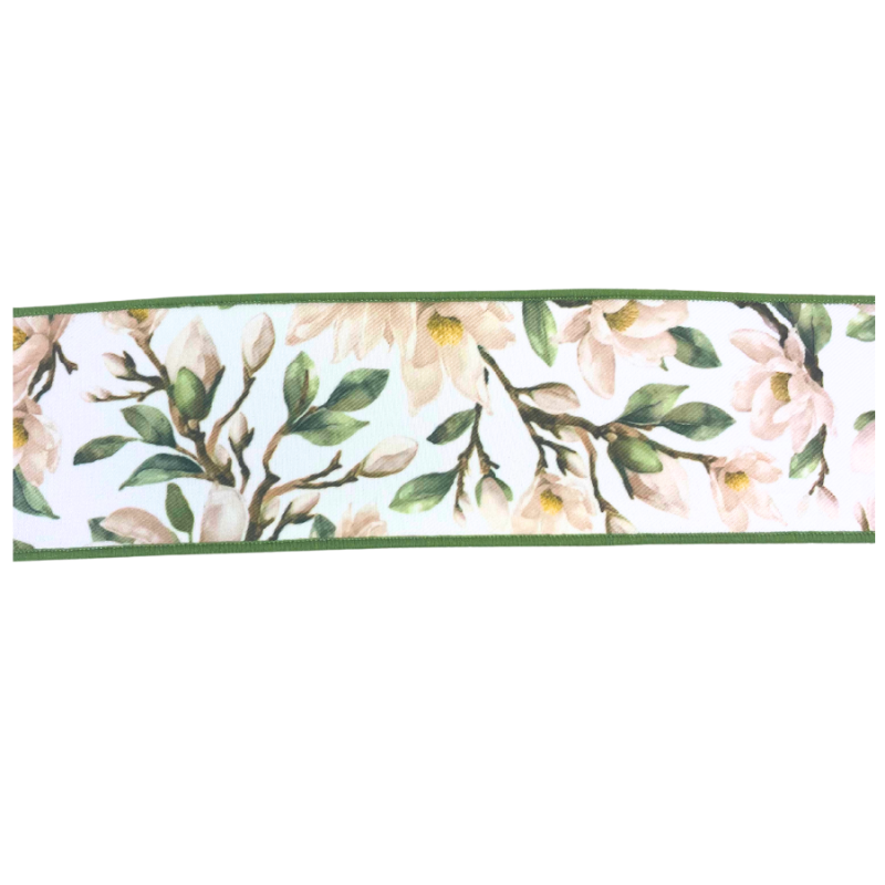 2.5" x 10yd Magnolia Ribbon w/ Green Edge
