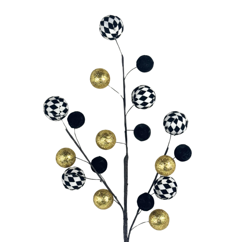 28" Velvet Checkered & Gold Ball Spray
