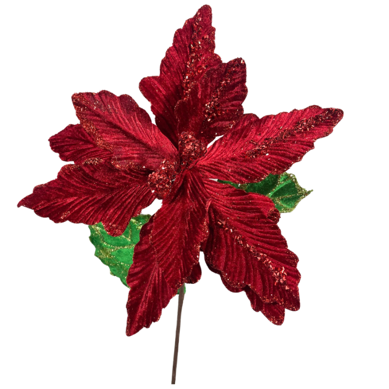 28" Velvet Poinsettia Stem - Red