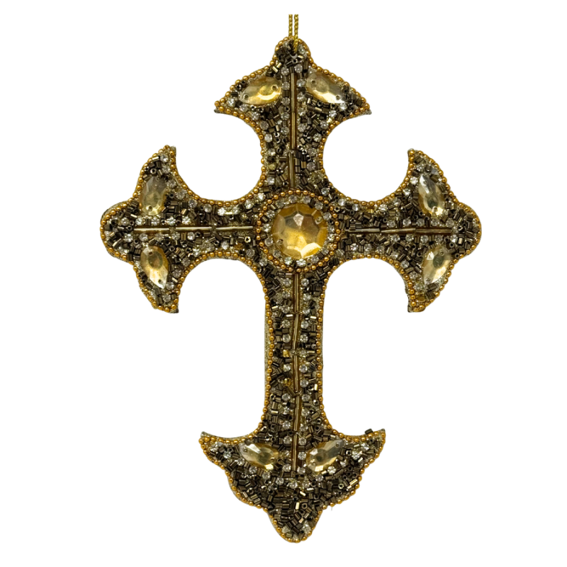 7.5" Bronze Jeweled & Beaded Cross Ornament