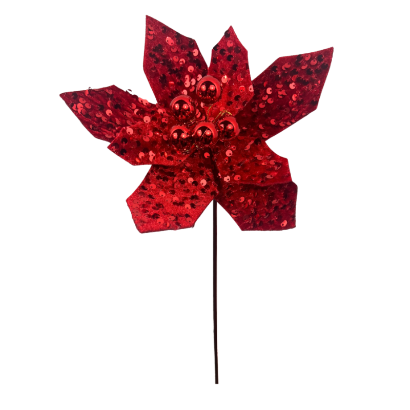 18" Sequin Felt Poinsettia Stem - Red