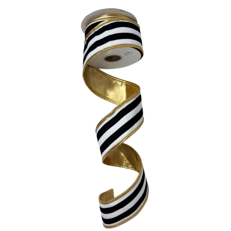 2.5" x 5yd Black & White Striped Ribbon w/ Gold Border