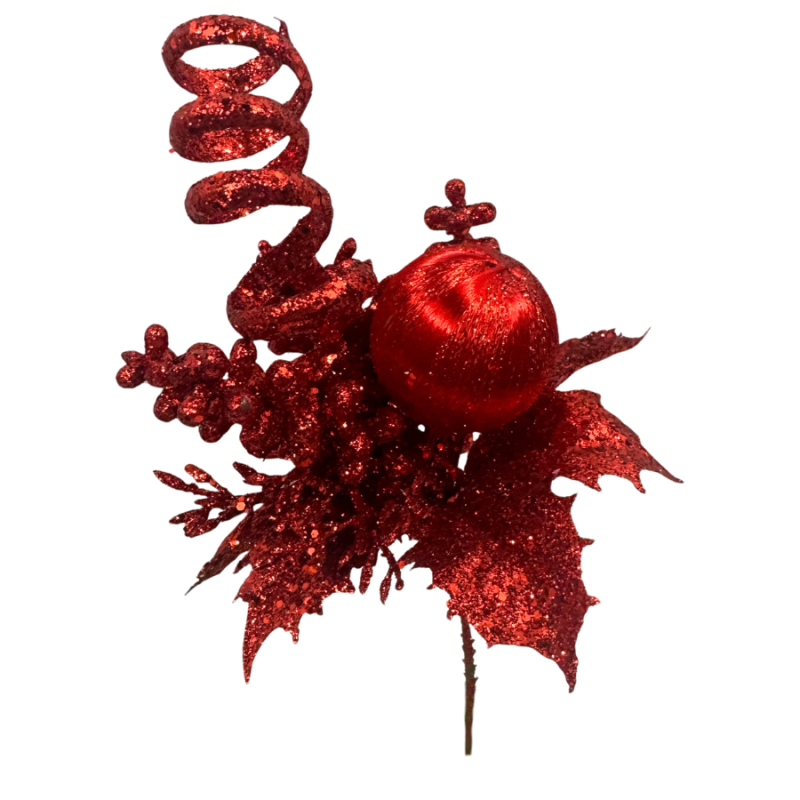 8" Silk Ball & Holly Pick- Red
