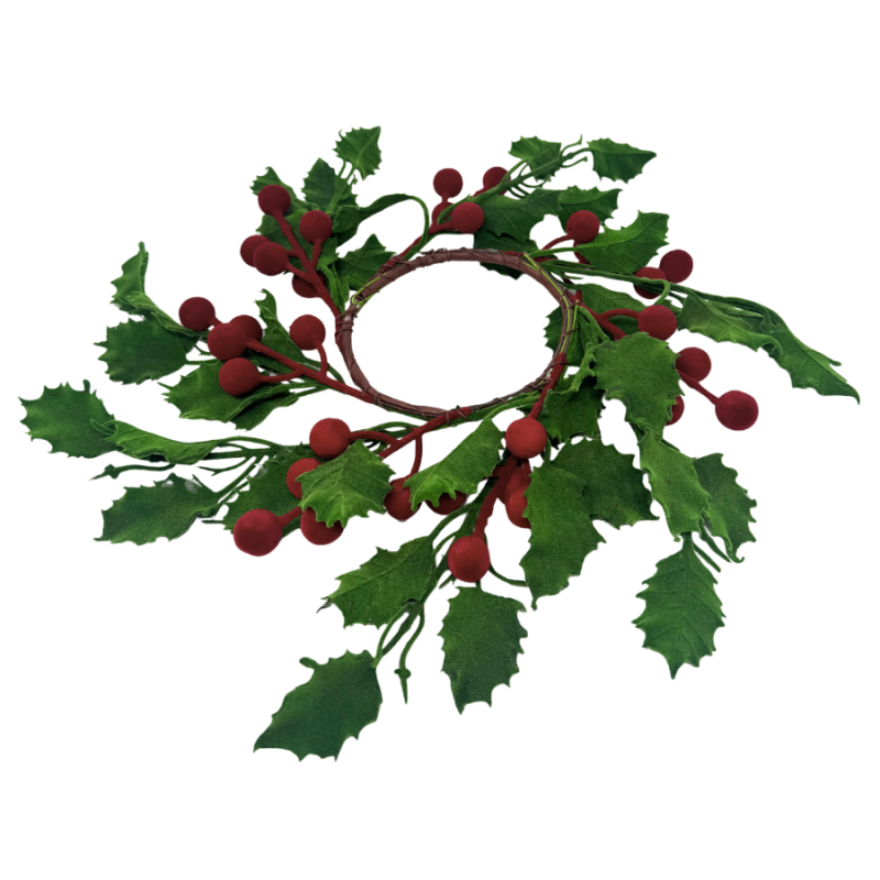 9" Flocked Holly & Berry Candle Ring