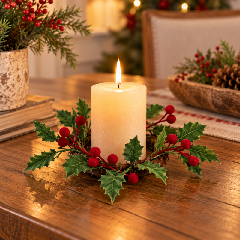 9" Flocked Holly & Berry Candle Ring