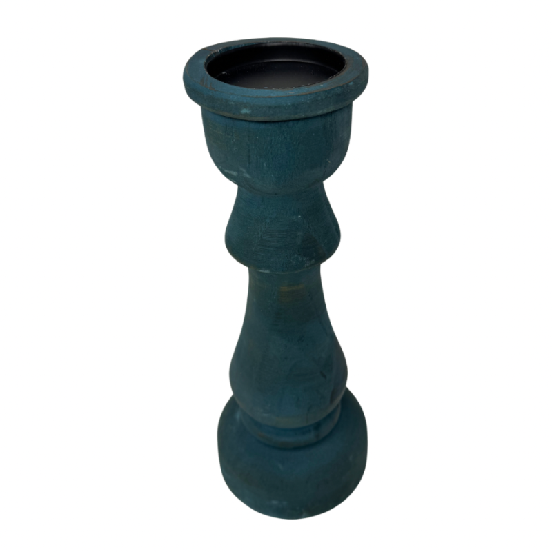 13" Turquoise Wood Piller Candle Holder