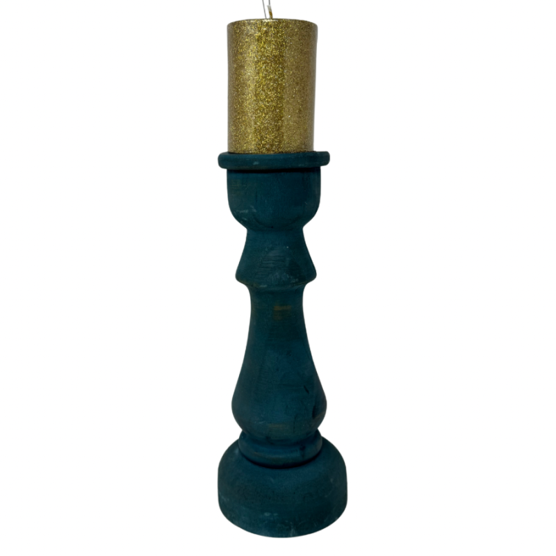 13" Turquoise Wood Piller Candle Holder